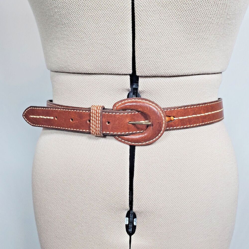 VTG Fossil Women's Brown Leather Belt Size Large Wood Beads Boho Fits 30-34in